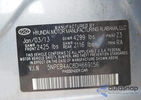 2013 Hyundai Sonata Gls z USA, uszkodzony, nr VIN 5NPEB4AC8DH669156